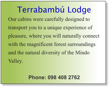 Terrabambú Lodge Our cabins were carefully designed to transport you to a unique experience of pleasure, where you will naturally connect with the magnificent forest surroundings and the natural diversity of the Mindo Valley.  Phone: 098 408 2762
